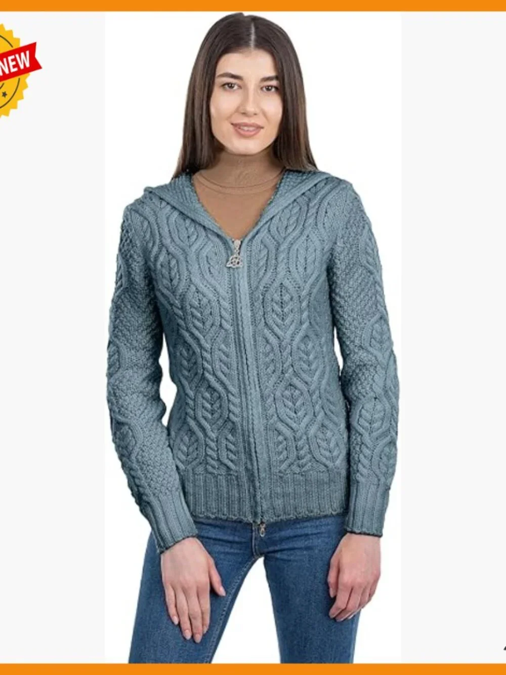 Merino Wool Hooded Zip Cardigan - Aran Stitch - Warm Layering Sweater - Picture 1 of 7